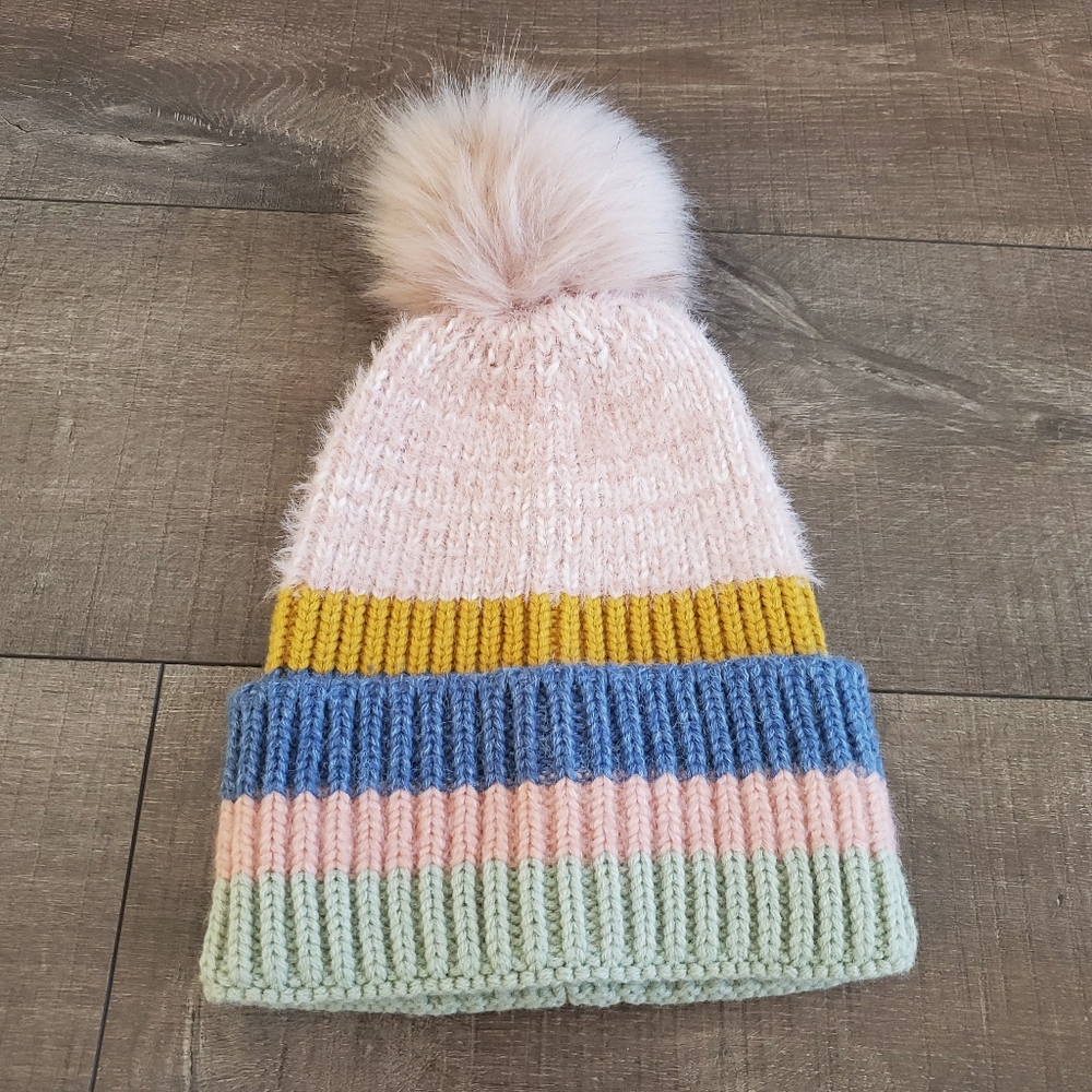 Knit Beanie Hat With Faux Fur Pom Pom Women's Colorful Pastel Stripes